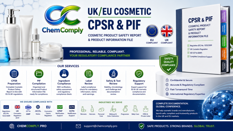 I will prepare UK and EU Cosmetic CPSR, PIF and cosmetic compliance documents